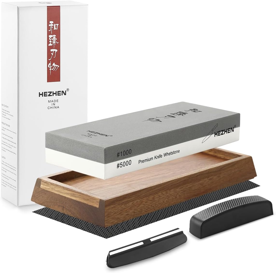Pierre à Aiguiser Grande, Professionnel Aiguiseur de Couteau en Corindon Blanc, Double Face Grain 1000/5000, avec Base en Bois d'Acacia Antidérapante, Guide d'Angle, Pierre à Aplanir #1000/5000