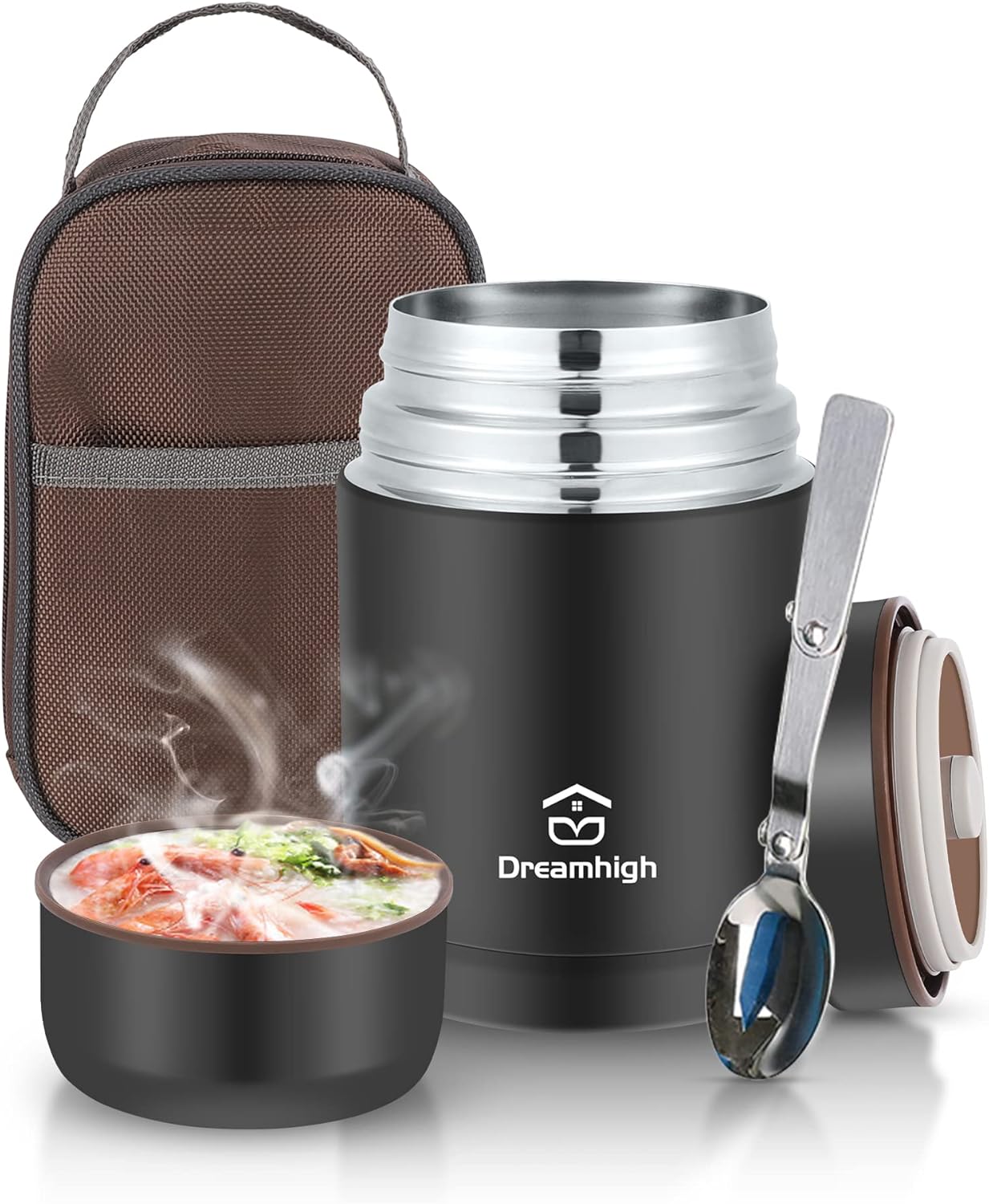 Dreamhigh® Boîte Alimentaire Isotherme 800ml avec Sac à Lunch, Thermo Isolant Contenant avec Cuillère, Thermos Alimentaire Chaud sans BPA, pour Ecole, Bureau, Camping (Noir) Black