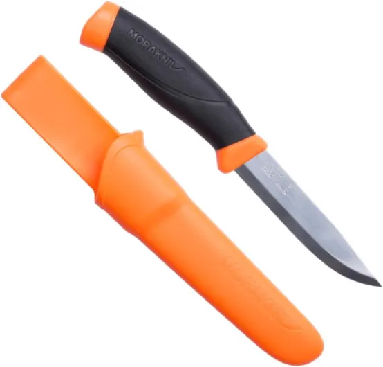Mora Kniv Couteau Companion en acier inoxydable Sandvik 12C27, manche bicolore, fourreau fluo avec clip de ceinture Orange 10 cm