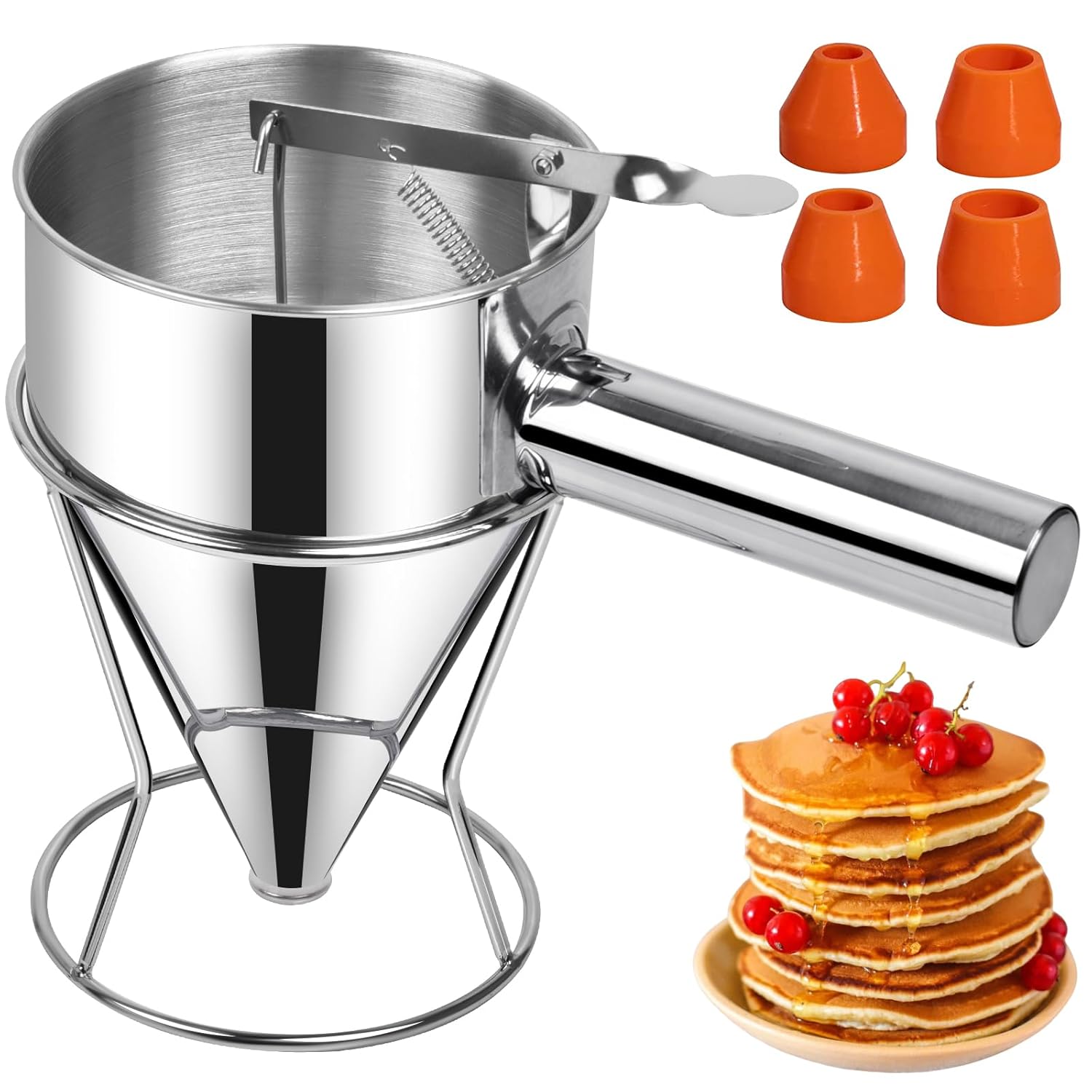 Entonnoir a Piston Inox, 1,2 Litre Entonnoir Cuisine Piston Patisserie avec Support et Quatre Embouchures en Silicone, Distributeur de Pate pour Gâteaux, Crêpes et Desserts 1.2L