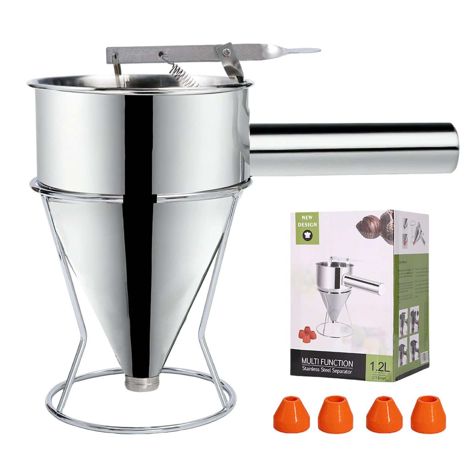 Zaxiva Entonnoir Cuisine, 1,2 Litre Entonnoir a Piston Inox, Distributeur de pâte avec support et 4 buses en silicone, pour Gâteaux, Muffins, Gaufres, Pancakes