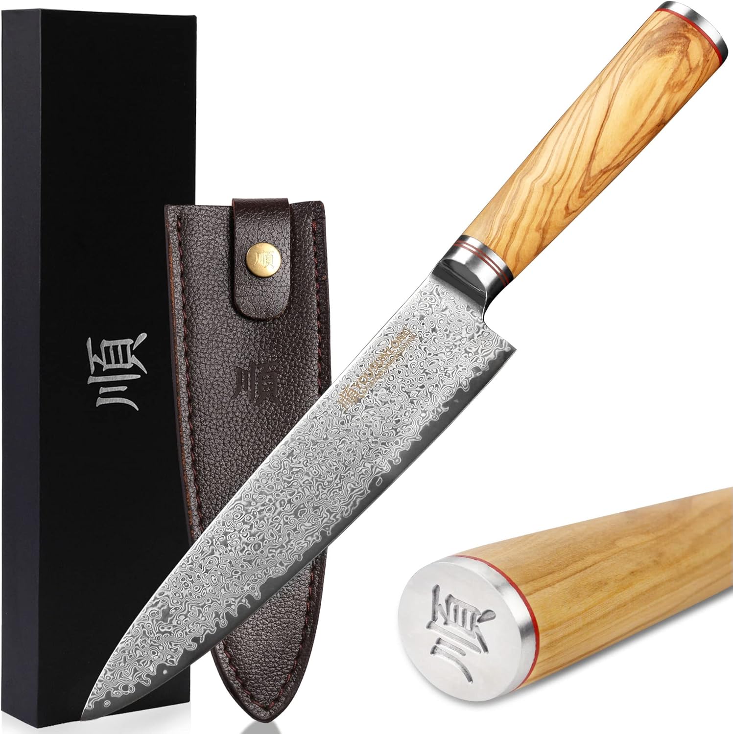 Couteau de chef - Couteau de cuisine japonais Damas en acier inoxydable à haute teneur en carbone - Lame la plus affûtée 203 mm - Étui en cuir et bois d'olivier italien 203mm L'olivier