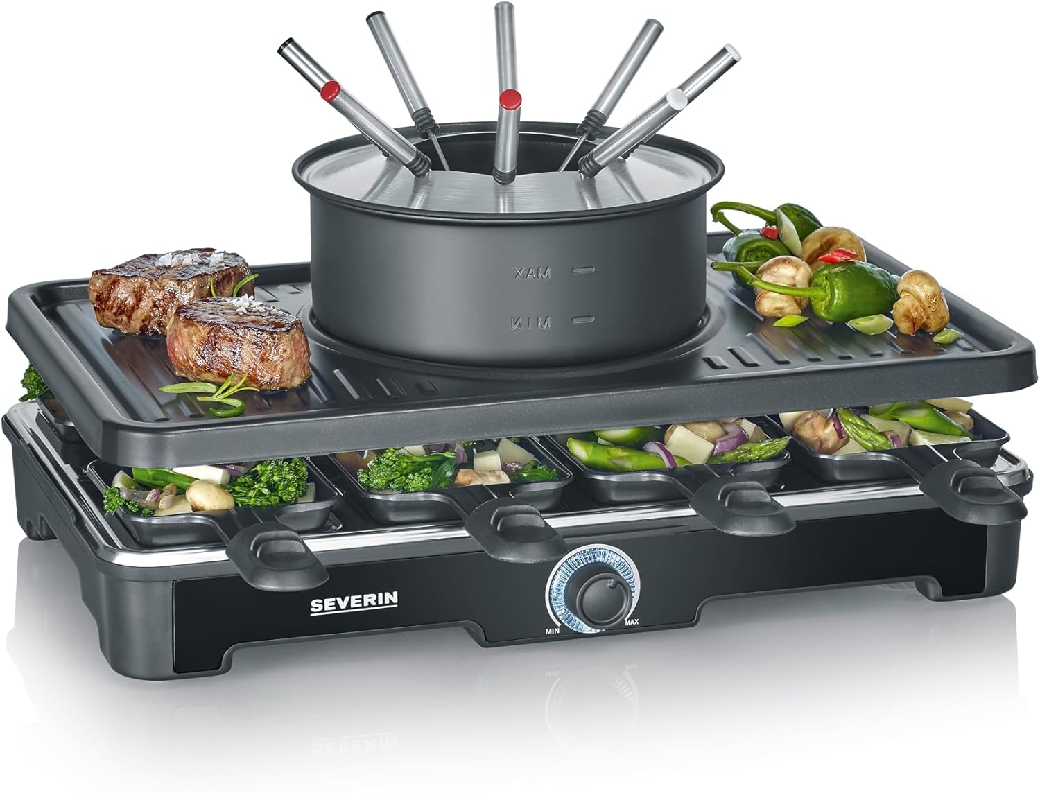 Appareil à Fondue et Raclette pour 8 personnes, Appareil à raclette 2 en 1 avec Plaque de cuisson et Service à fondue, Inclus 8 poêlons, spatules et fourchettes à fondue, Noir, RG 2347