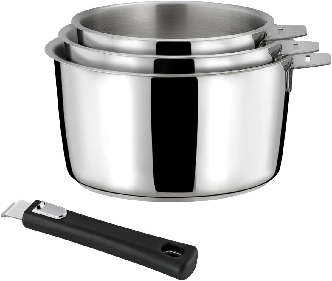 Malice - 3 casseroles 16/18/20 cm ( 1.5L, 2L, 3L ) tout inox avec poignée noire - Fond sandwich - Compatible tous feux - Acier Inoxydable 18/10 - Finition brillant - Poignée Amovible Casserole x3 + poignée noir
