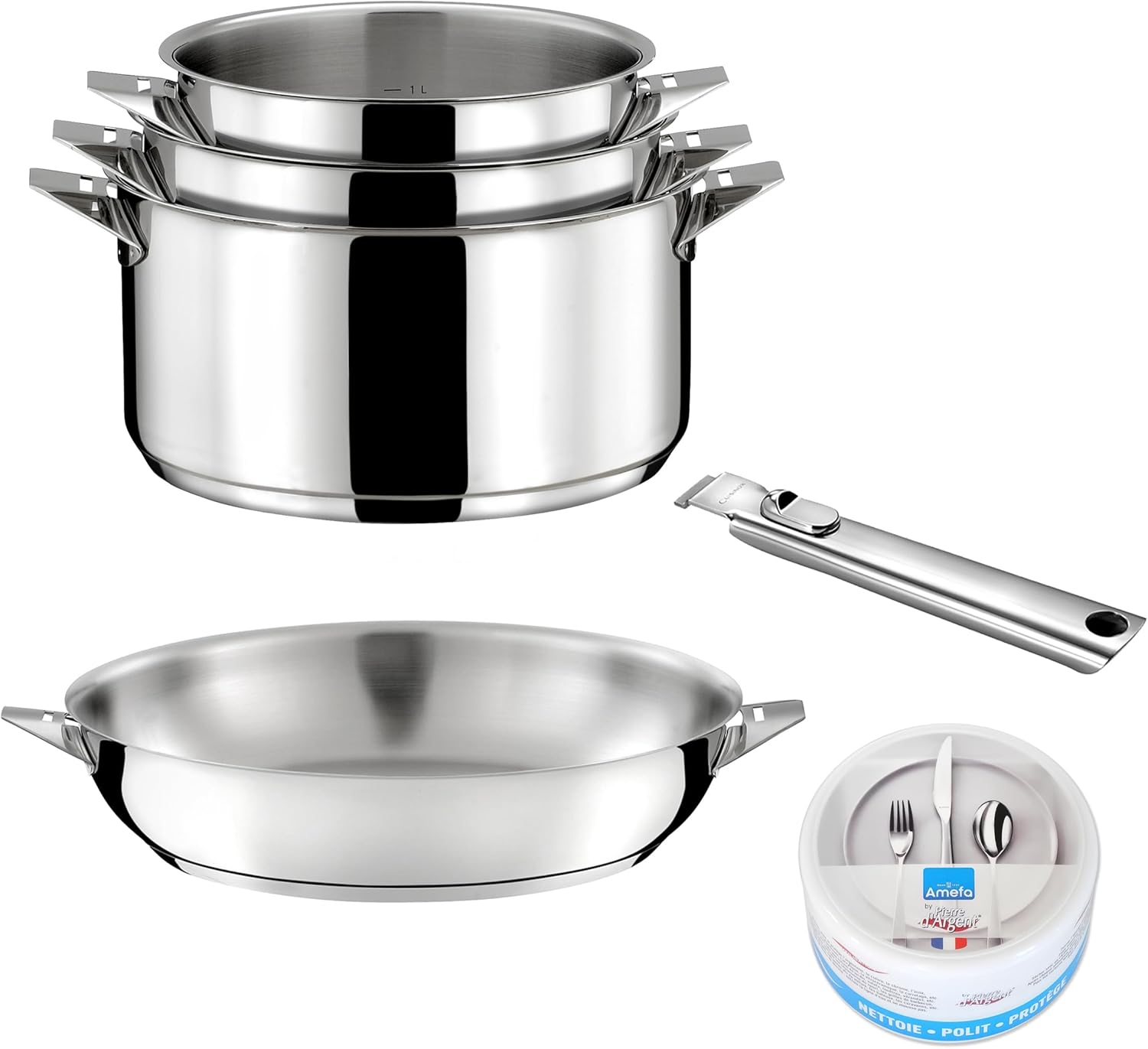 Eclipse - Lot 6 pièces - 3 casseroles 16/18/20 cm, 1 poêle 24 cm, 1 poignée amovible, 1 pierre d'argent® - Fond encapsulé - Compatible tous feux - Acier Inoxydable 18/10 - Finition miroir Batterie de cuisine 6 pièces