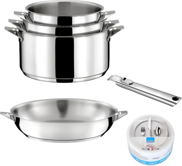 Eclipse - Lot 6 pièces - 3 casseroles 16/18/20 cm, 1 poêle 24 cm, 1 poignée amovible, 1 pierre d'argent® - Fond encapsulé - Compatible tous feux - Acier Inoxydable 18/10 - Finition miroir Batterie de cuisine 6 pièces