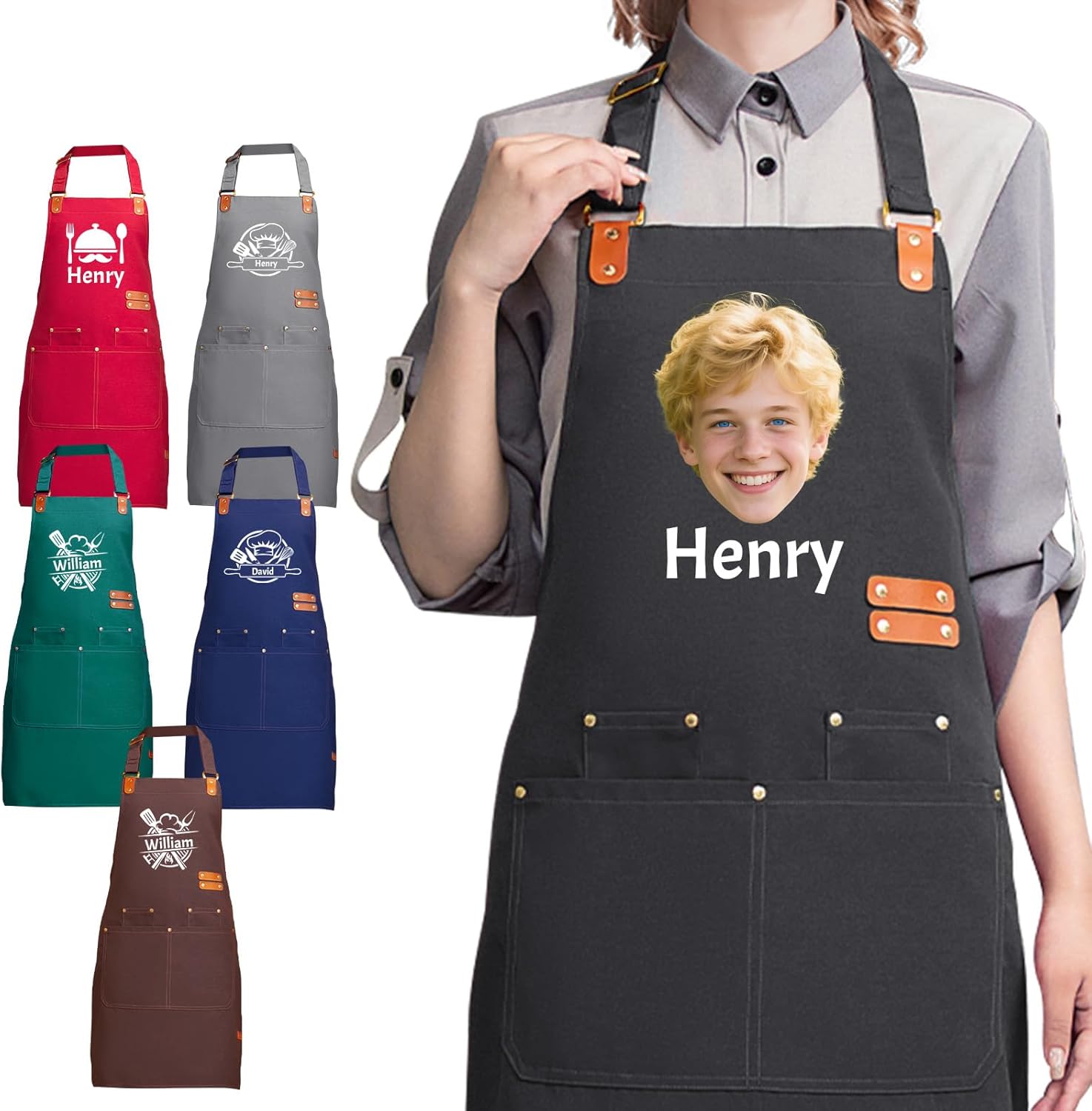 XSTZR Tablier Personnalisé pour Homme et Femme avec Nom, Logo et Photo – 4 Poches – Idéal pour Cuisiniers et Amateurs de Café Noir