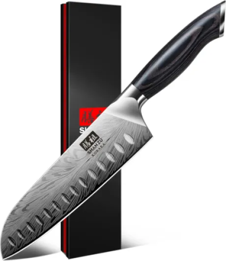 Couteau de Cuisine en Acier Poudré, 18cm Couteaux Santoku Japonais, Ultra Tranchants, Lame en Acier à Haute Teneur en Carbone avec Manche Ergonomique en Bois de Pakka Couteau Santoku