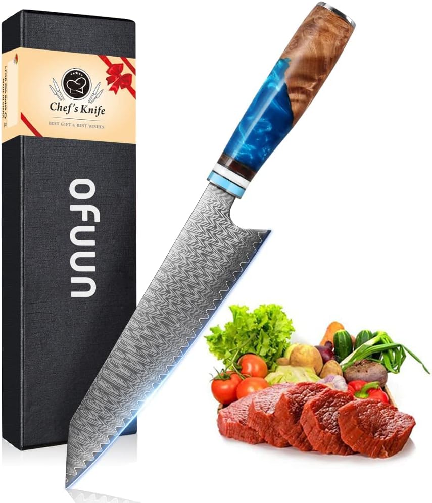 Couteau de Chef Damascus, 67 Couche Acier Couteaux Japonais, Lame de 20,5 cm Ergonomique Résine Bleue Handle avec Boîte Cadeau pour Maison et Restaurant Kiritsuke