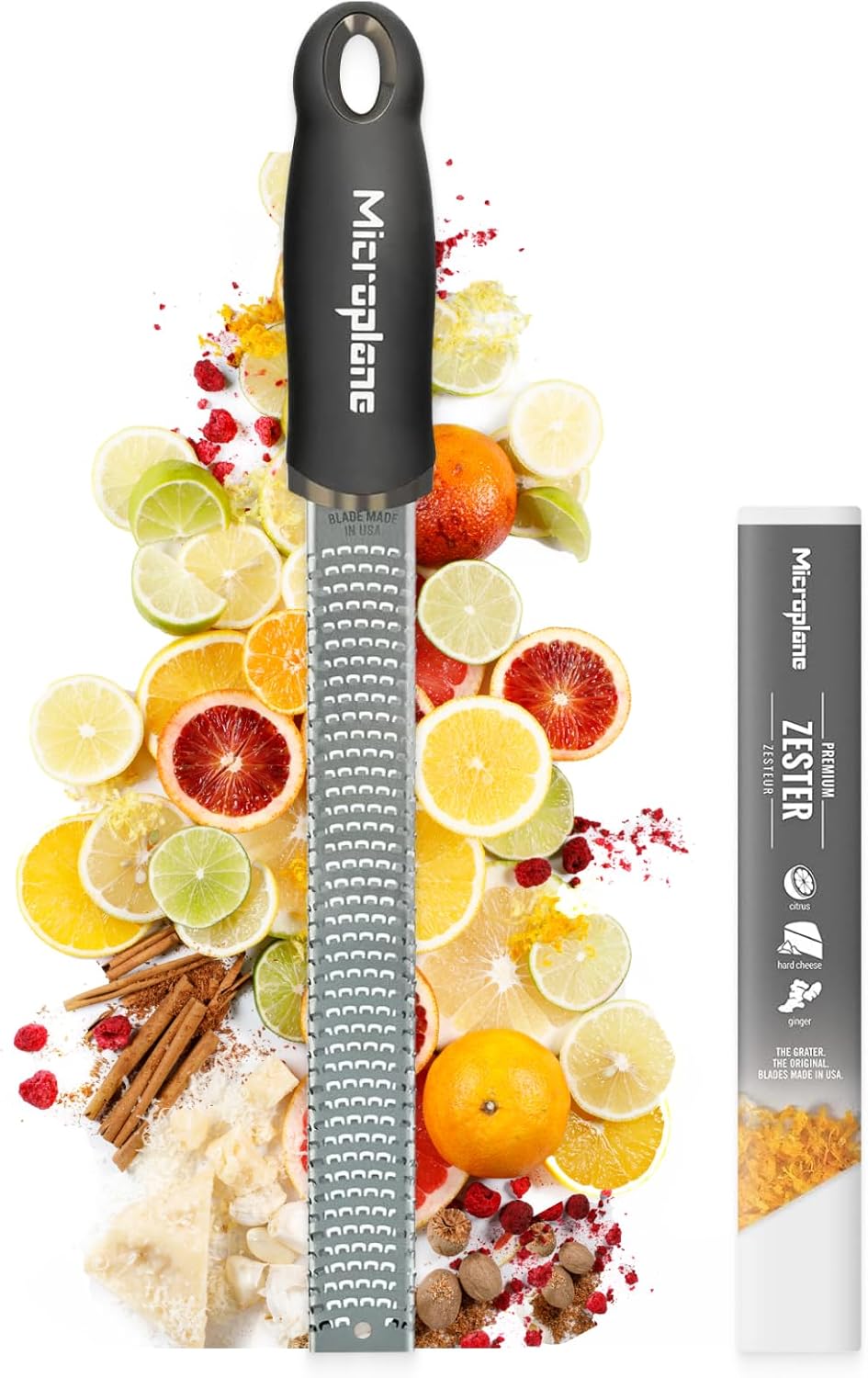 Râpe à zesteur en couleur Noir pour agrumes, parmesan, gingembre, chocolat et noix de muscade avec lame fine - Fabriqué aux États-Unis ca - 325 x 35 x 30 mm Noir