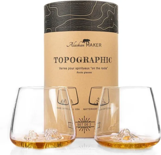 Verres à Whisky 350ml (lot de 2) - Borosilicate de qualité supérieure, soufflés artisanalement avec les montagnes en relief - Forme Tulipe - Spiritueux TOPOGRAPHIC (Grand Canyon & Matterhorn)