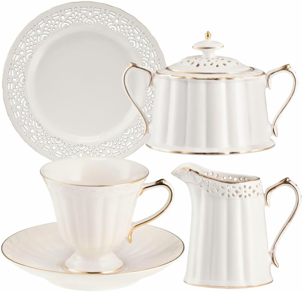 VILLA ITALIA Clara Or Ivoire Service À Café en Porcelaine Crème Pour 6 Personnes – Avec Détails Dorés, Assiettes À Dessert de 19cm, Sucrier, Crémier, Assiette À Gâteau et Soucoupes Service À Café 6 Personnes Clara
