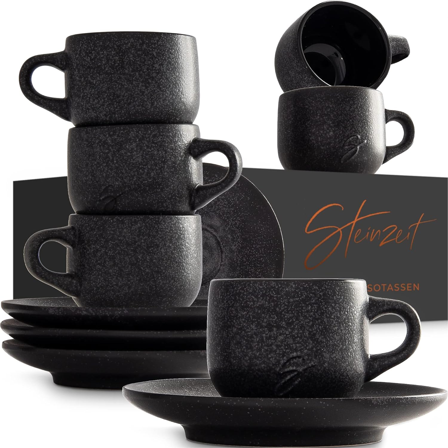 Design Tasses à Café (6x80ml) - Ensemble de Tasses Expresso avec Soucoupes Assorties - Tasses à Expresso 100% Artisanales - Tasses à Café Empilables - Service a Cafe en Noir
