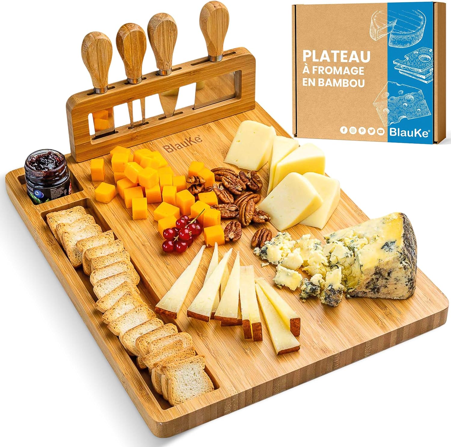 Plateau à Fromages en Bois avec Couteaux à Fromage – Planche Assiette en Bois pour Aperitif, Charcuterie ou Petit-Déjeuner – Plateau à Fromage en Bambou pour 3-4 Personnes – Meilleure Idée Cadeau Beige