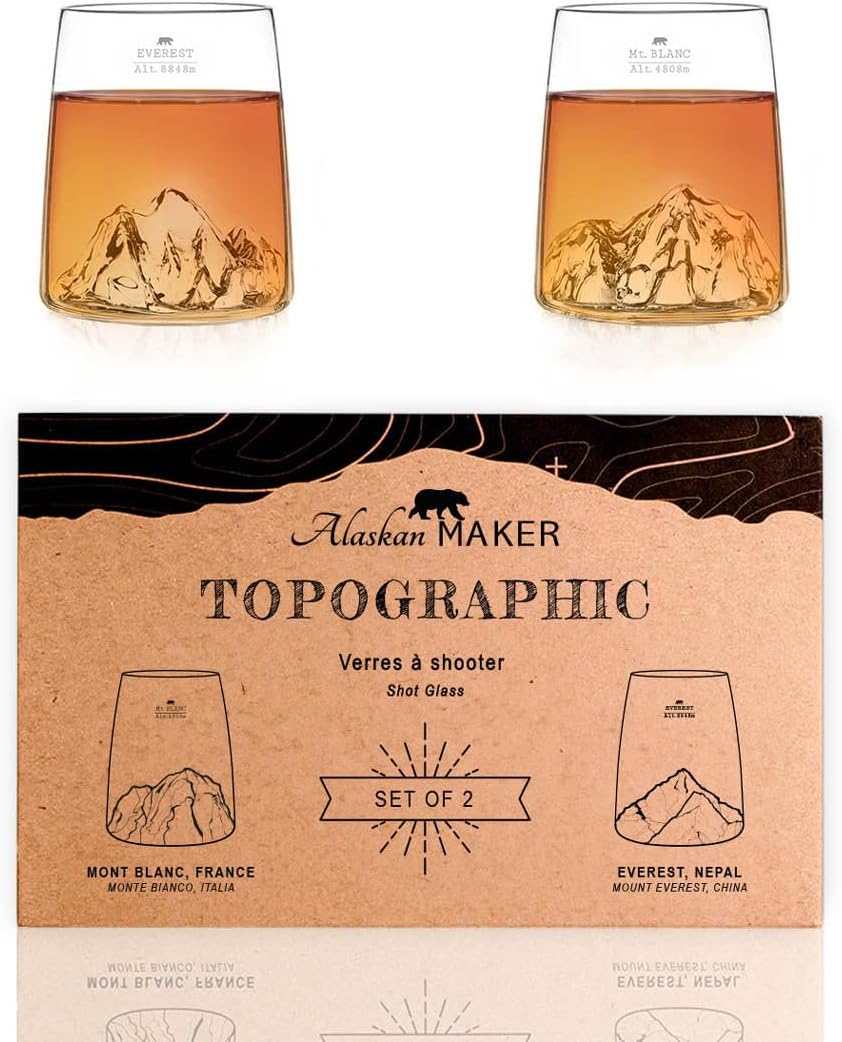 Coffret de 2 shooters 6.5 cl - Verres Cristallin de qualité supérieure soufflés artisanalement avec les montagnes en relief - Forme Tulipe - TOPOGRAPHIC (Everest & Mont Blanc)