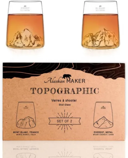 Coffret de 2 shooters 6.5 cl - Verres Cristallin de qualité supérieure soufflés artisanalement avec les montagnes en relief - Forme Tulipe - TOPOGRAPHIC (Everest & Mont Blanc)