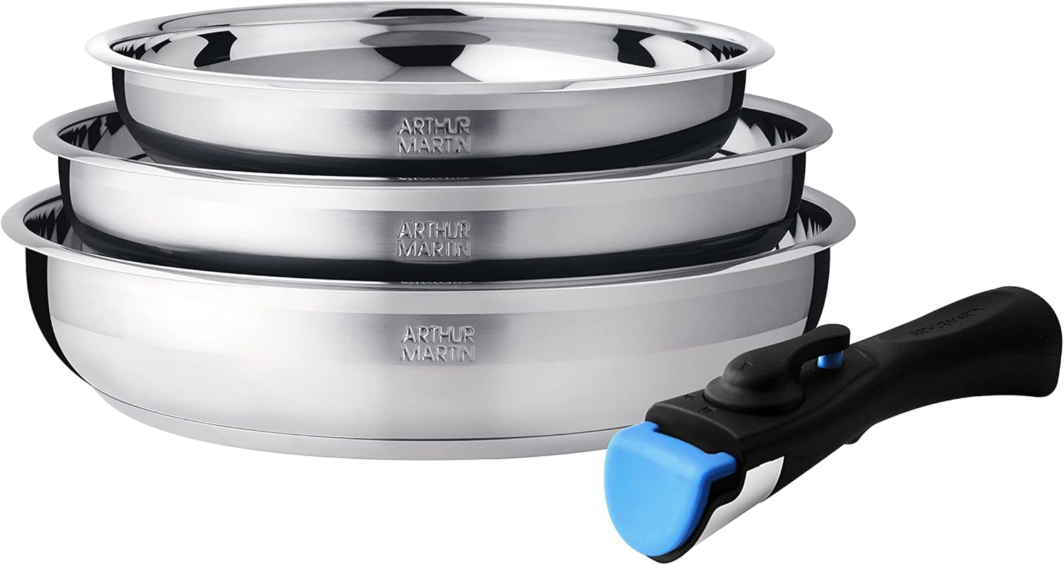 AM2208 Set de 3 poêles Acier Inoxydable Poignée amovible Tous feux dont induction