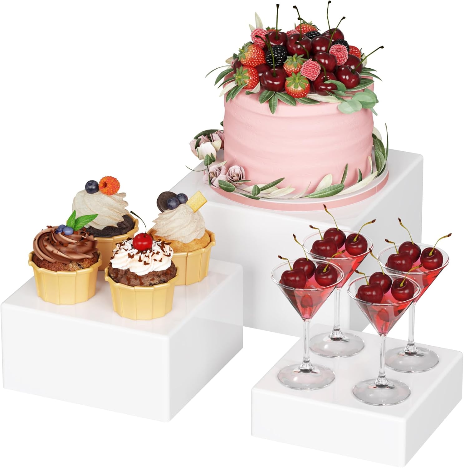 Presentoir Aperitif Buffet, Lot de 3 (20/18/15 cm) Présentoirs pour Gâteaux en Plastique, Desserts, Objets de Collection, Bijoux, Support Cubique Emboîtable en Différentes Tailles, Blanc Blanc 3 Pack (20/18/15 cm)