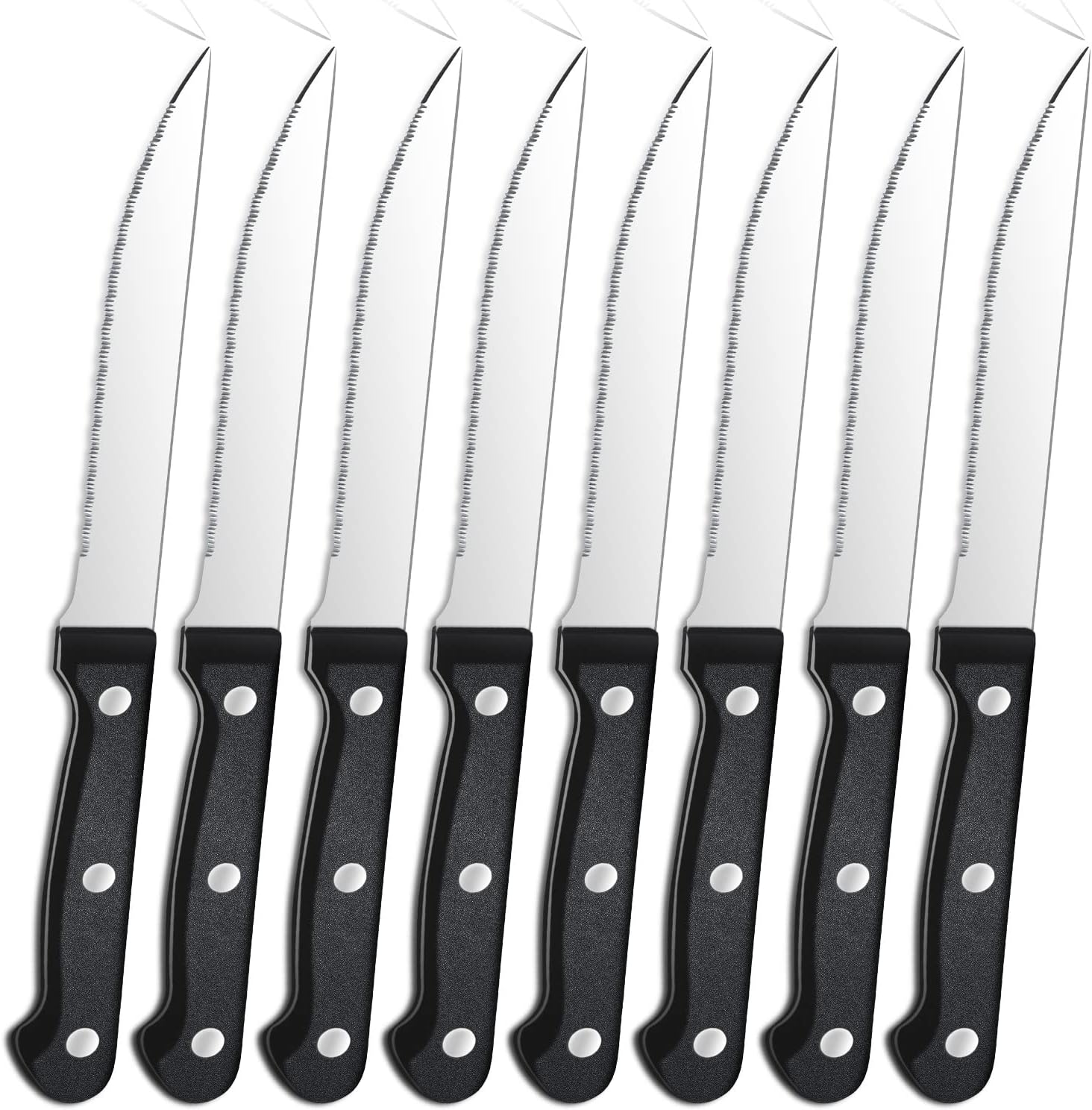 8 couteaux à steak en acier inoxydable, ensemble de couteaux à steak dentelés, couteau de table, couverts à steak de cuisine, passe au lave-vaisselle Poignée à triple rivet (noir et argent) 8 pièces
