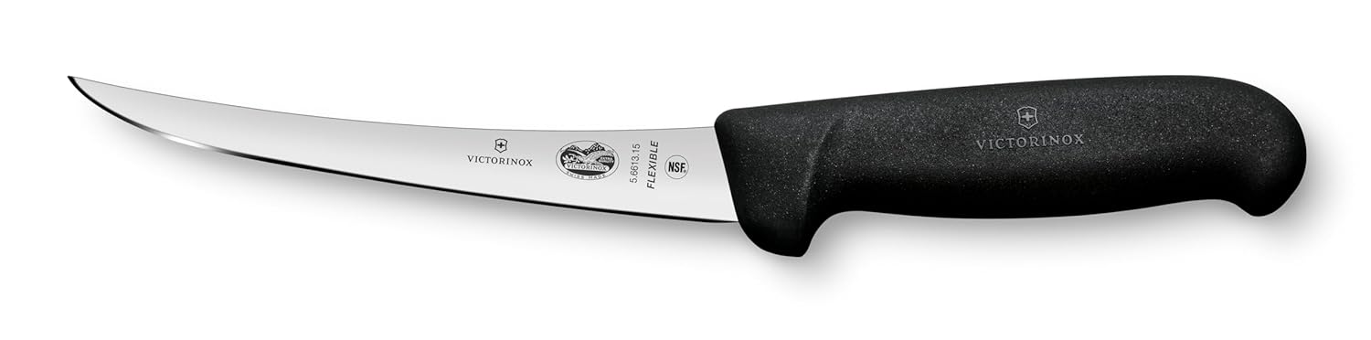 Fibrox Couteau à désosser, Couteau de cuisine tranchant pour viande et poisson, 15 cm, Lame incurvée, Flexible, Inox, Noir