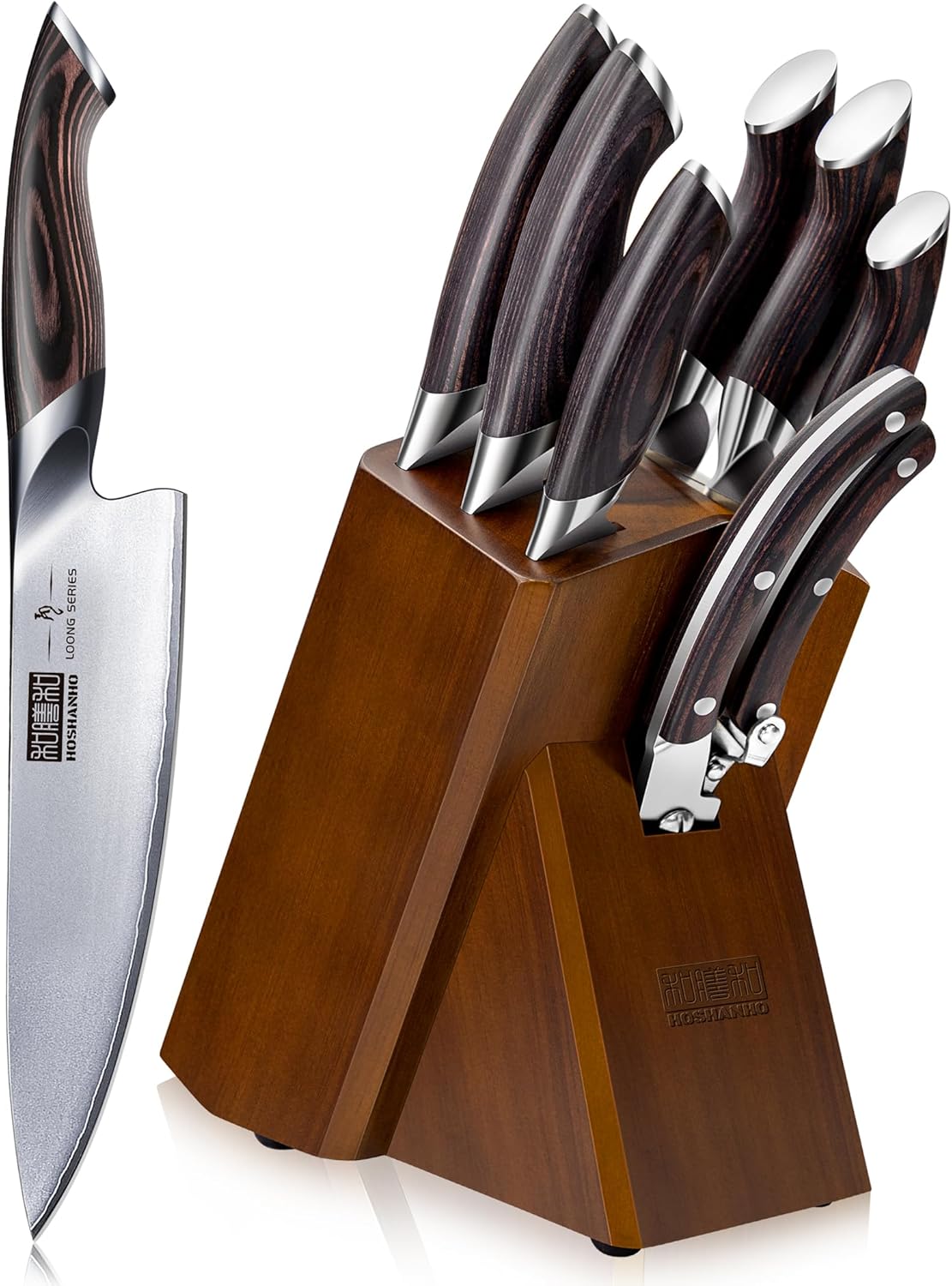 Set Couteau Cuisine 8 Pièces, Couteaux de CuisineJaponais en Super Acier avec Bloc, Ensemble de Couteau de Cuisine Professionnels Ultra Tranchants avec Ciseaux 8 Pièces Set Couteau