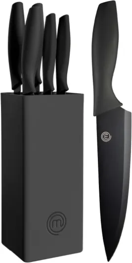 Couteaux de Cuisine avec Bloc, Contient : Couteau d'Office Universel, Couteau à Viande et Pain, Couteau de Chef, Acier Inoxydable, Manche Ergonomique, Noir, Toucher Doux Essentielle