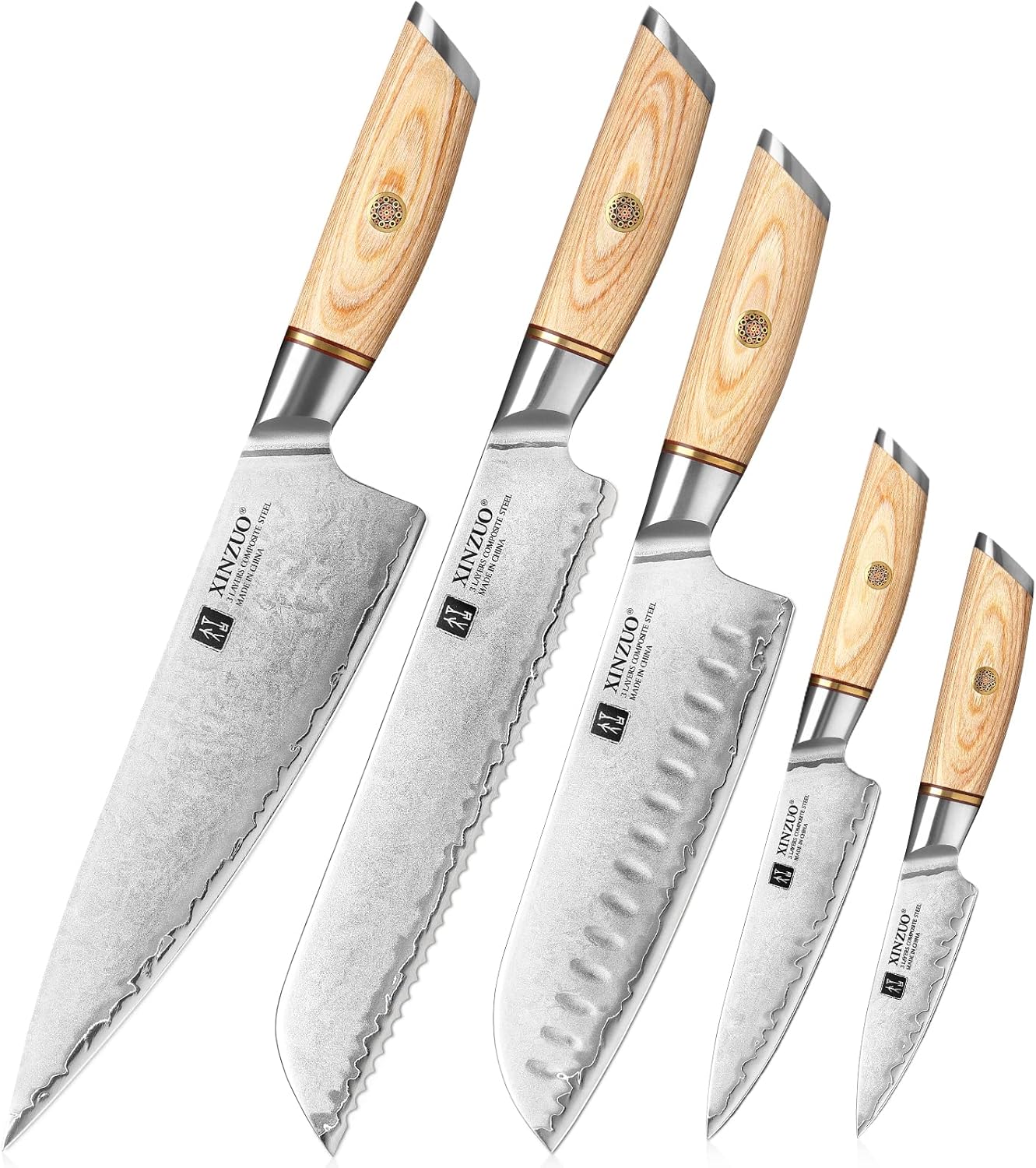 5 Pièces Set Couteaux de Cuisine en Acier Composite, Ensemble de Couteaux de Chef en 10Cr15CoMoV Acier Composé 3 Couches, Professionnel Tranchants Set Couteaux- Poignée en Bois Pakka