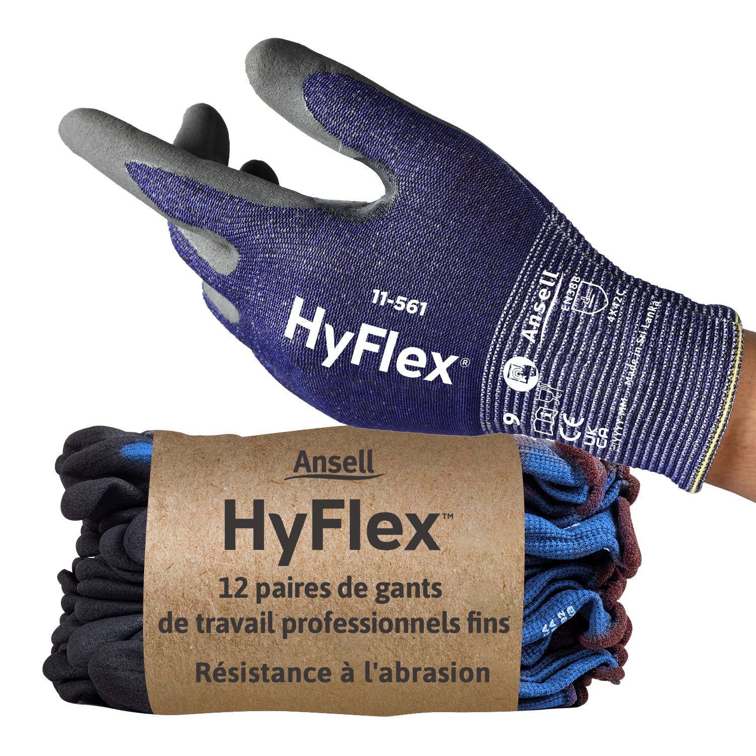 HyFlex 11-561 Gants Anti-Coupures Ultrafins, Enduction Nitrile Résistante à l'Abrasion, Gants de Travail Professionnels Haute Protection, Homme Femme, Bleu, Taille L (12 Paires) L (Lot de 12) Anti-Coupures 12 Paires