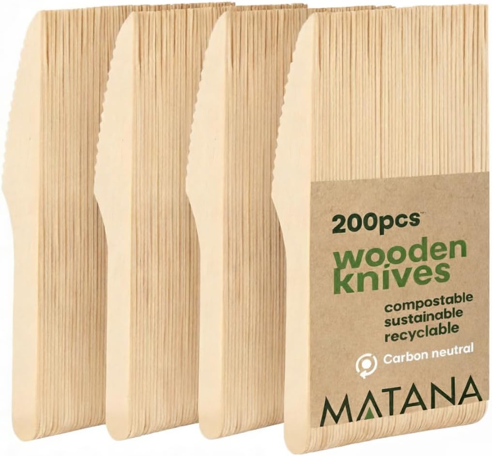 200 Couteaux en Bois, 16,5cm - Solide & Écologique - 100% Naturel, Biodégradable & Compostable Des couteaux