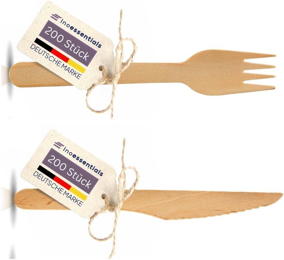 Lot de 400 Couverts - 200 Fourchettes et 200 Couteaux en Bois - Jetables, Durables et Biodégradables 200 Fourchette + Couteau