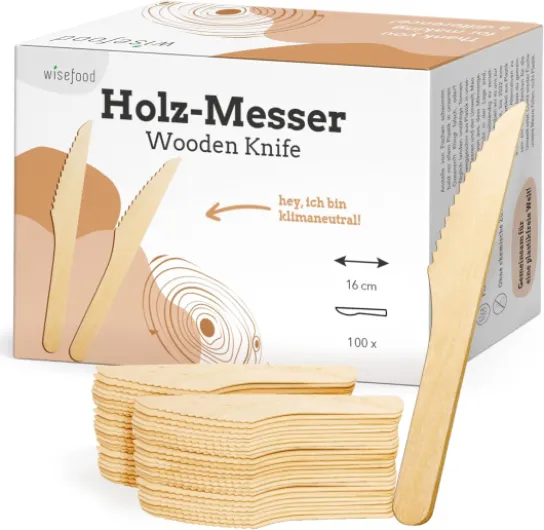 Wisefood Couteaux en bois de bouleau - 100 pièces à usage unique en bois 16,5cm - Naturel, stable, écologique