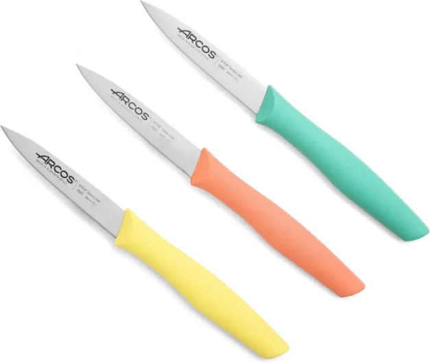 Ensemble de Couteaux d'Office en Acier Inoxydable – 3 Pièces, Idéal pour Éplucher Fruits et Légumes – Poignée Ergonomique en Polypropylène - Couleur Orange, Jaune et Bleu - Série Nova