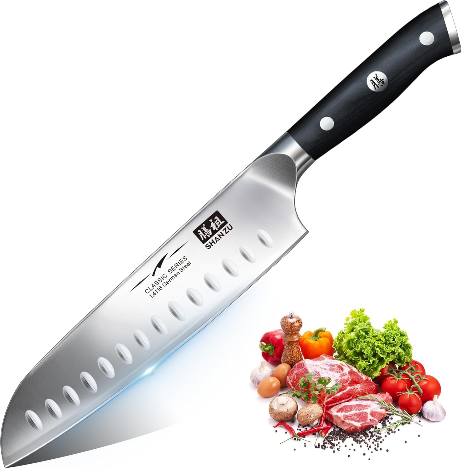 Couteau Santoku Couteaux de Cuisine Acier Inoxydable Allemand Couteau Japonais 18CM Couteau de Chef Professionnel, Manche en Bois Pakka, Lame Super Tranchante