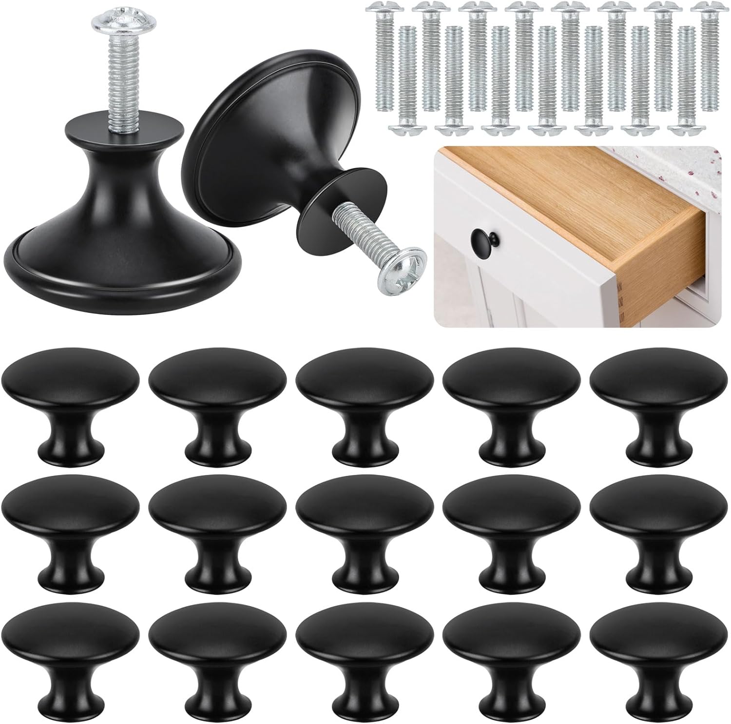 BREANIFULL 24 Noir Mat Tiroir de Porte,Boutons de Placard Noirs, 30mm Rond Bouton de Meuble,Rond Poignée Cuisine Noir avec Vis pour Meubles Tiroirs Armoires Portes Salle de Bains (Forme de Aplatie)