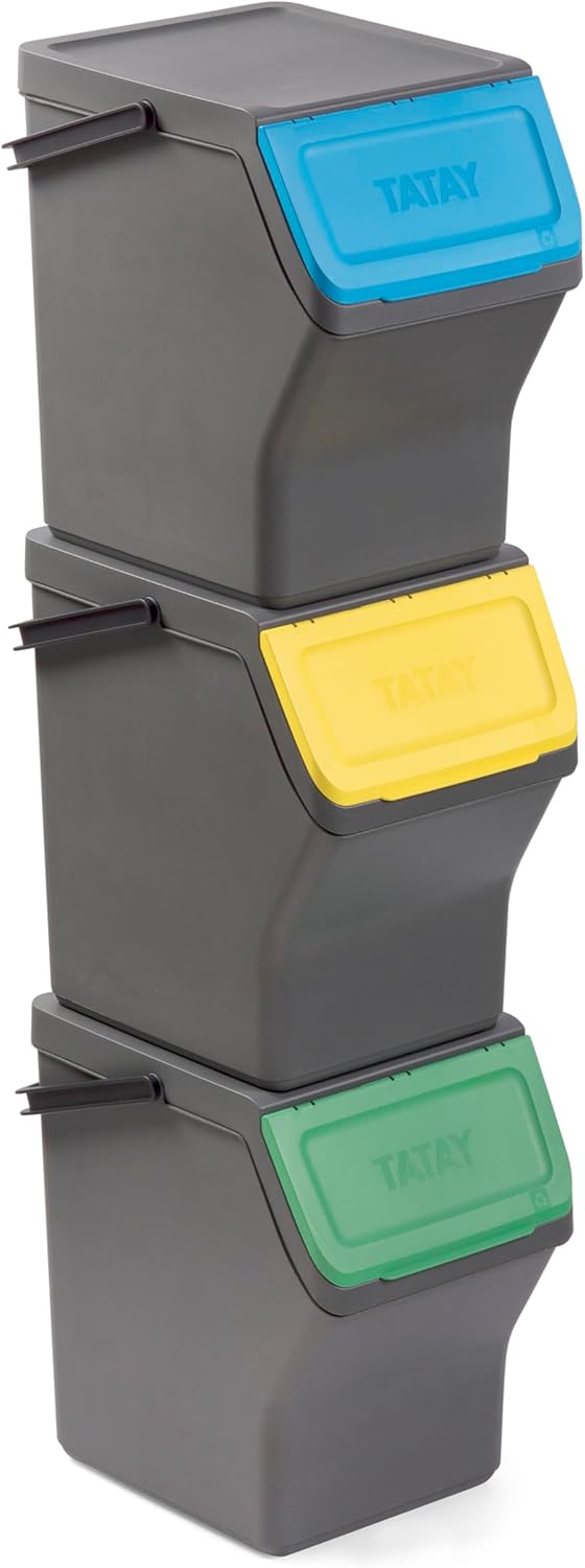 Poubelles de Recyclage Easy Waste 20L - Set de 3 - Design Modulaire et Empilable - Couvercle à Système Click - Poignée de Transport Intégrée - Fabriqué en Matériau Recyclé - 35x27x36cm - Gris Gris 20L - Set de 3
