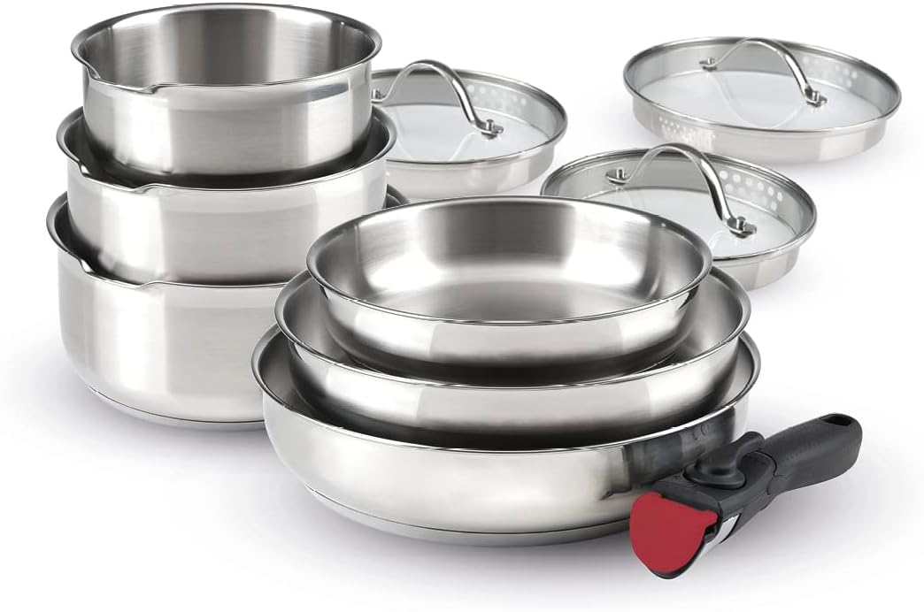 By Brandt - Batterie de Cuisine à Induction 10 Pièces - Set de 3 Casseroles, 3 Poêles et 3 Couvercles Passoires avec Poignée Amovible - Acier Inoxydable - Lot pour Tout Feu - Argenté Set de 10 Pièces Argenté