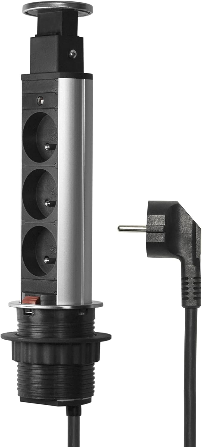 Multiprise escamotable 3 Prises diamètre 60mm Bloc Prise escamotable Prise pour Plan de Travail Prise encastrable Plan de Travail Multiprise escamotable pour Cuisine Bureau Chambre 3 Prises-FR