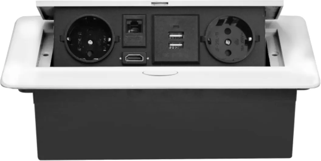 CHENGPI Bloc Multiprise Escamotable pour Encastrer au Bureau,Aluminium Prise Encastrable Plan de Travail 2 Prises et 2 USB A,Interface Réseau HDMI TD,Multiprise Electrique pour Cuisines,1.8M Câble 2xPlug+USB+Type C+HDMI Blanc