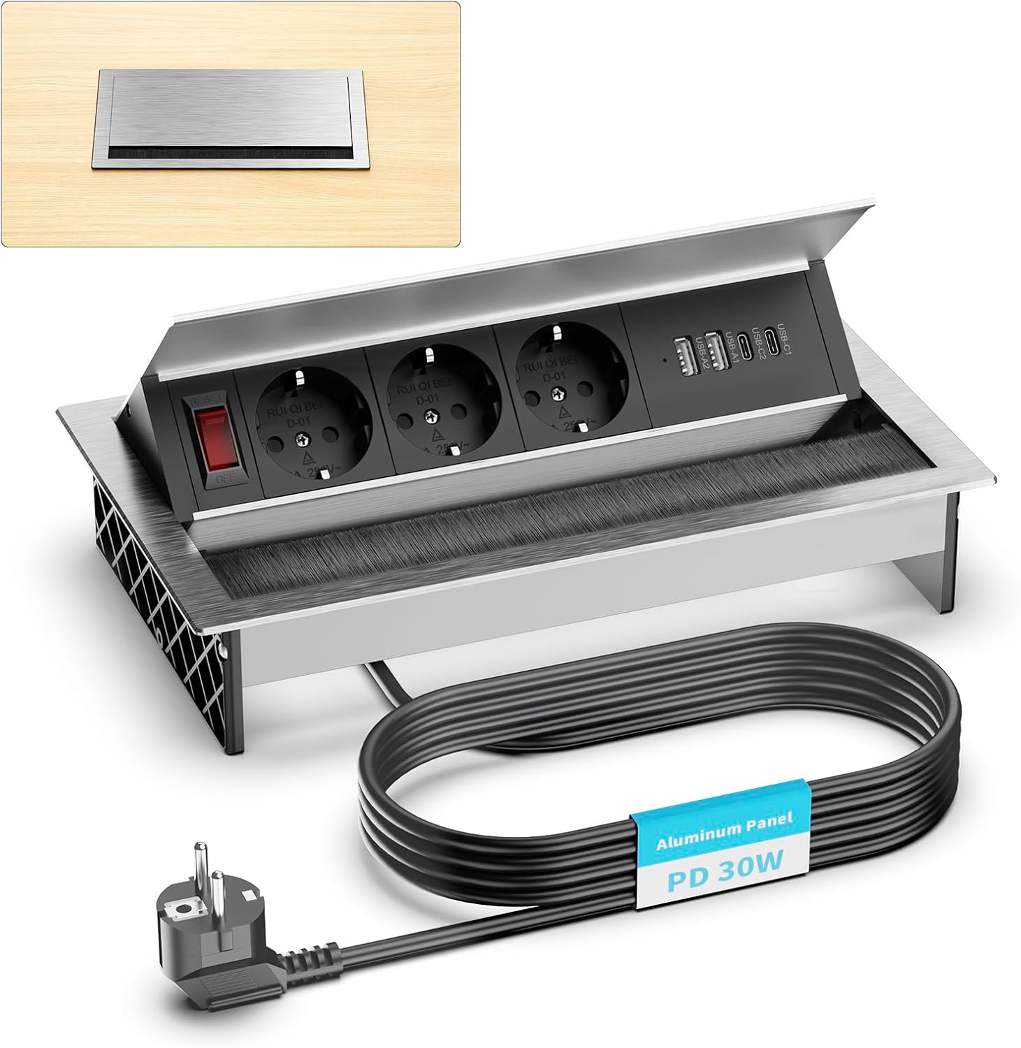 Prise encastrable en Aluminium 3 Prises avec 2 Ports USB-C PD 30W & 2 Ports USB-A – Bloc multiprise escamotable, Angle réglable pour Cuisine, Bureau & Plan de Travail, câble 1,8 m, argenté