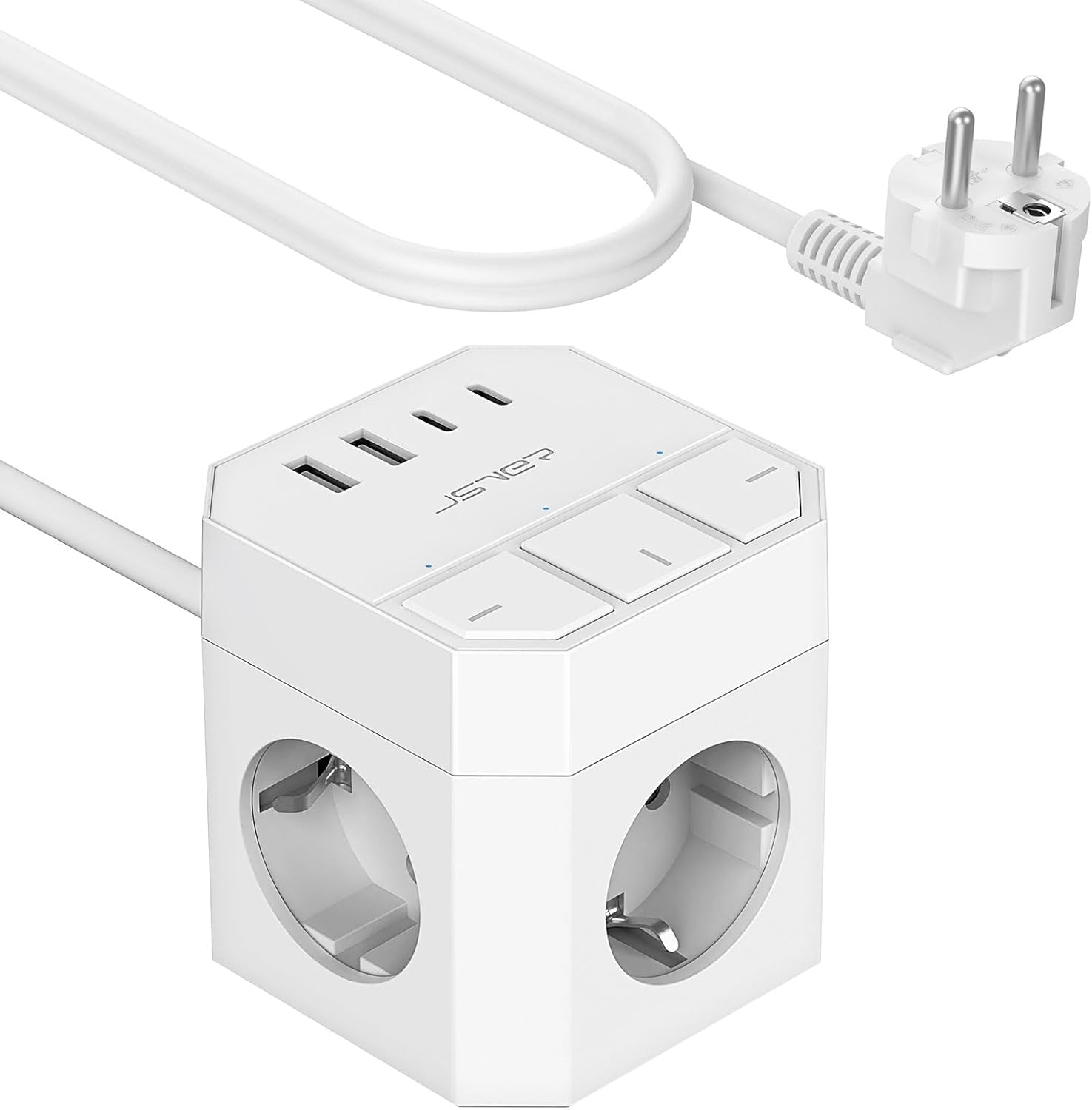 Bloc Multiprise avec 3 Prises Interrupteur Individuel, Multiprise Cube avec 4 Ports USB Chargeur(2A+2C) 7 in 1 Prise Multi Multiprise Electrique pour la Maison Le Bureau ou la Cuisine,2M-Blanco Blanc 2M