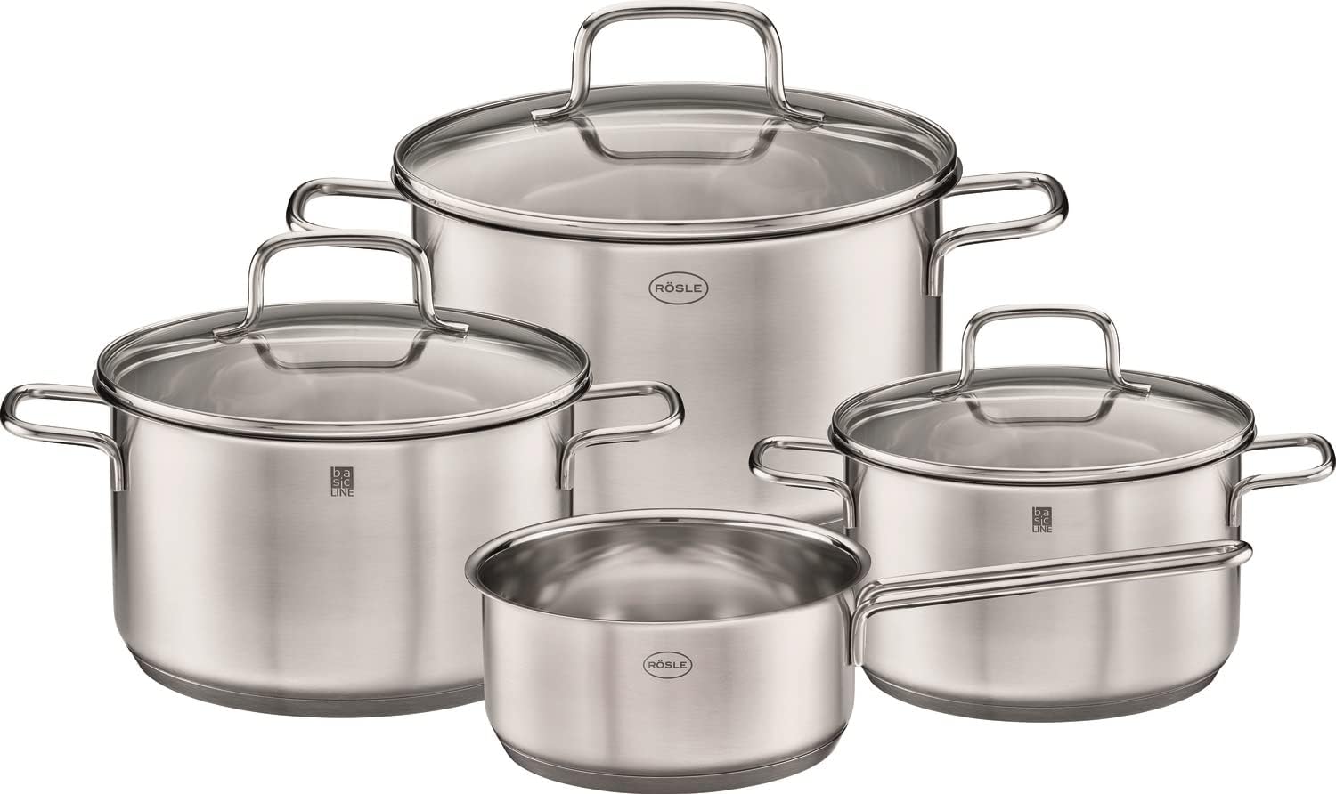 Basic Line Lot de 4 casseroles universelles, 1 casserole en acier inoxydable 18/10, avec couvercle en verre et bord verseur, passe au lave-vaisselle, Couleur : Argenté