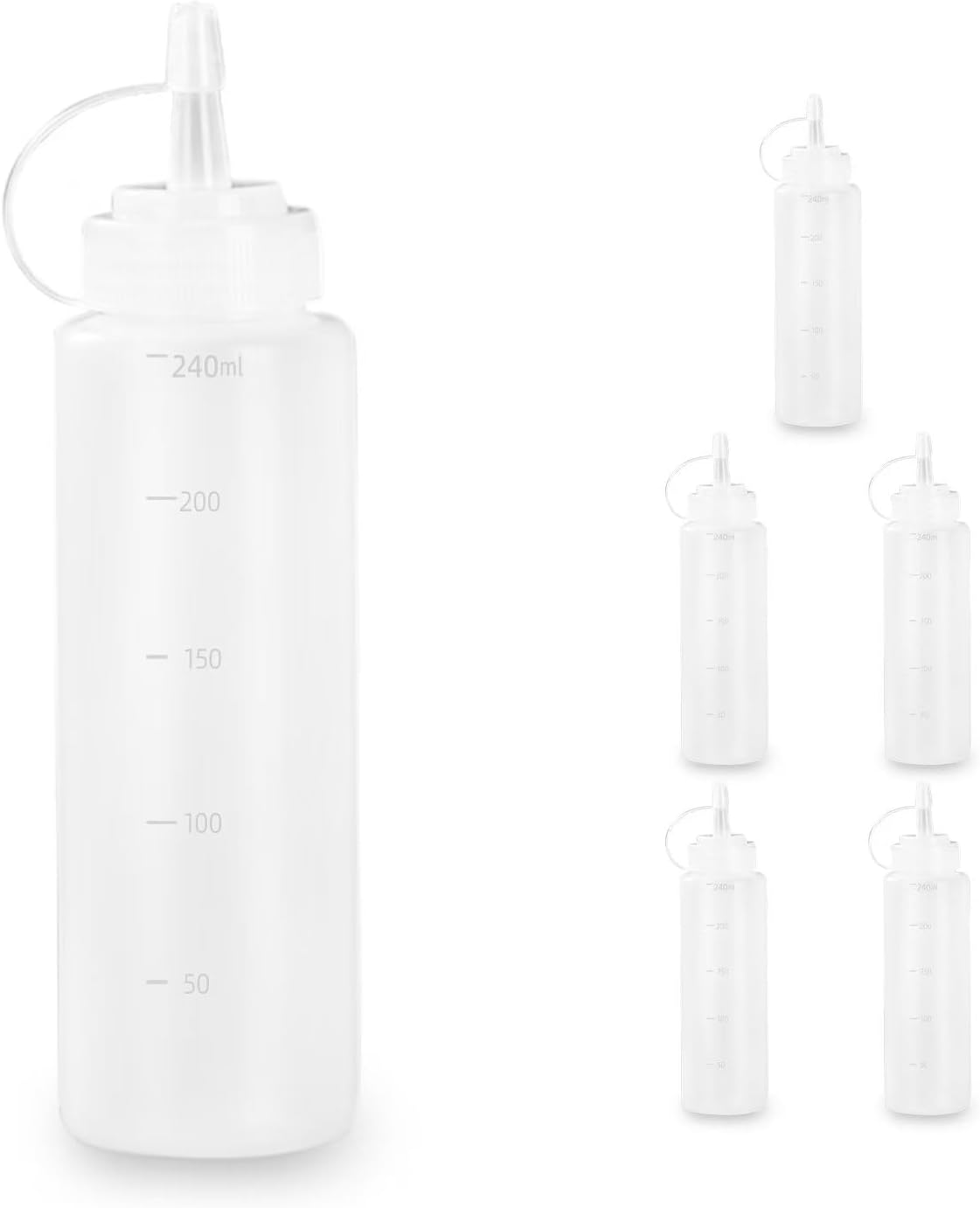 Squeeze Bottle 240 ml, blanc 6pcs– Sans BPA, Bouteilles doseuses sans fuite, Pipette Cuisine, Récipient Sauce pour peinture, cuisson, ketchup, sauces épicées, huile d'olive et autres sauces.