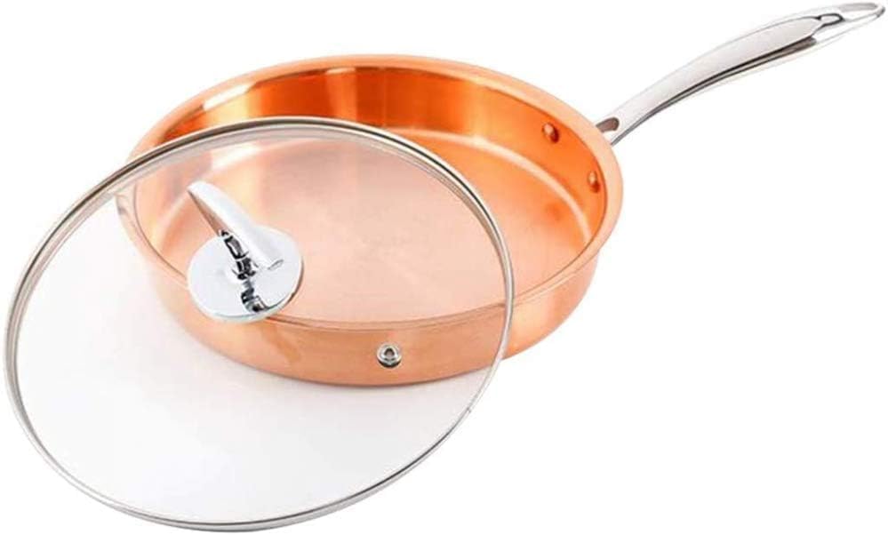 GQQDDD Poêle en Cuivre Antiadhésive avec Couvercle en Verre Et Poignée Froide, Poêle en Cuivre Pur avec Poêle à Couvercle(Size:22cm)