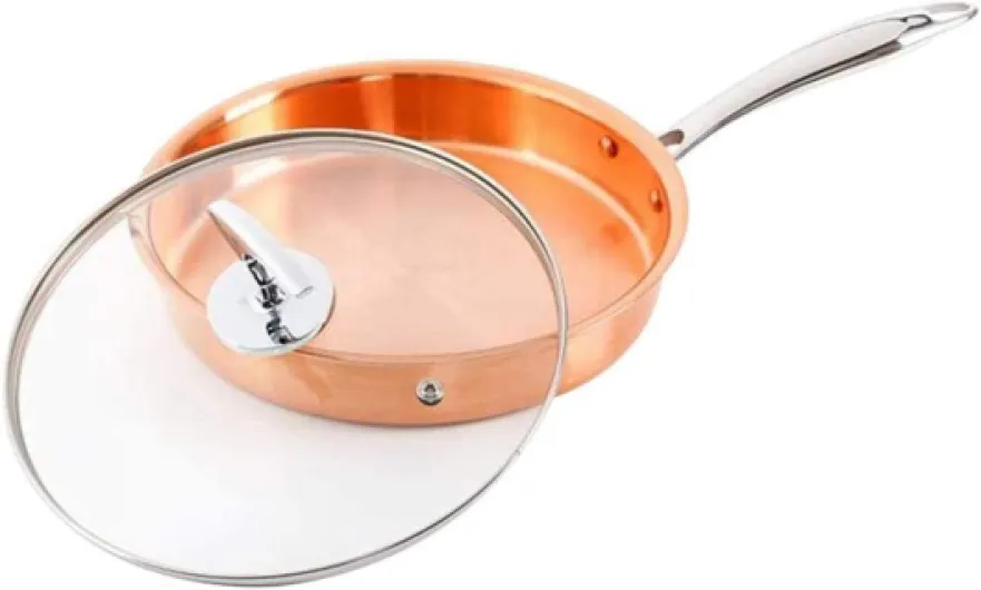 GQQDDD Poêle en Cuivre Antiadhésive avec Couvercle en Verre Et Poignée Froide, Poêle en Cuivre Pur avec Poêle à Couvercle(Size:22cm)