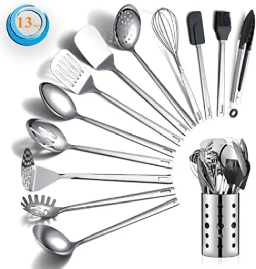 Ensemble d'ustensiles de cuisine en acier inoxydable 13 pièces avec porte-ustensiles antiadhésif et résistant à la chaleur, lavable au lave-vaisselle, facile à nettoyer (13 paquets) A - 13 Pièces