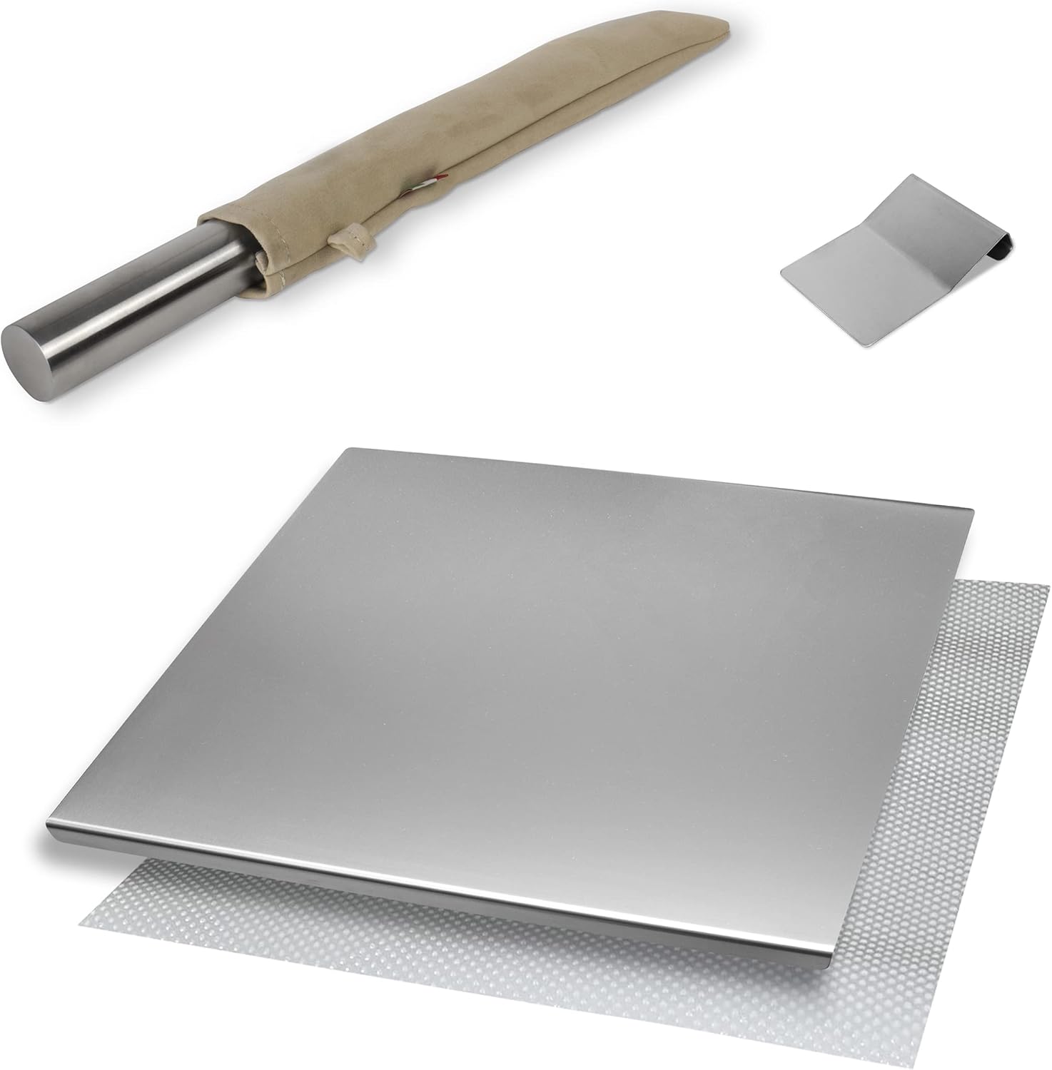INOXLM Box 3 pièces planche à découper/planche à découper+tarot/spatule+rouleau à pâtisserie étui en tissu-Plan de travail en acier inoxydable, différentes tailles pour cuisine, bar, restaurant,