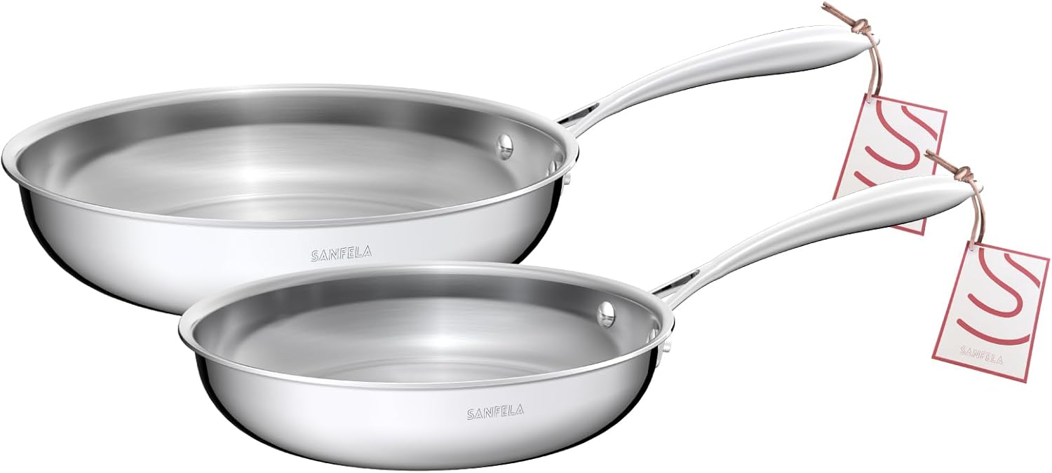 SANFELA Poêle à frire à 5 couches en acier inoxydable Set 2, avec poêle en acier inoxydable de 24, 28 cm, passe au lave-vaisselle et au four, fours à induction 24+28 cm