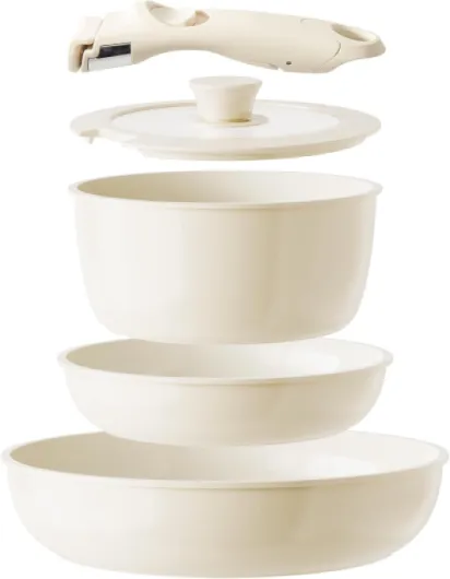 Casseroles et Poêles Céramique, Batterie de Cuisine à Induction avec Poignée amovible pour Camping, Revêtement Antiadhésif en Céramique, Sans PTFE - Sans PFOA Sans PFAS Cuisson Saine Sûre Beige