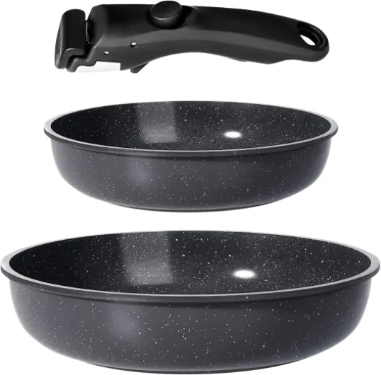 Set de Casseroles et Poêles en Céramique Antiadhésif - 3 Pièces avec Poignées Détachables, Sans Produits Toxiques, Compatible Induction, Four et Lave-vaisselle(Gris 3PCS)