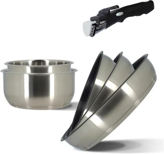Batterie de cuisine amovible 6 pièces en inox IRIS - 3 poêles + 2 casseroles + poignée amovible sécuritaire - Tous feux dont induction - Acier inoxydable - Sans PFOA/Sans BPA - 7930018